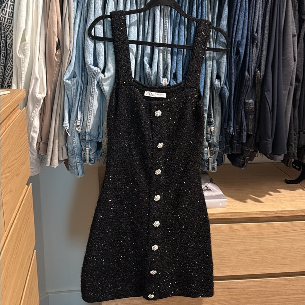 Zara Black Glitter Button-Front Mini Dress